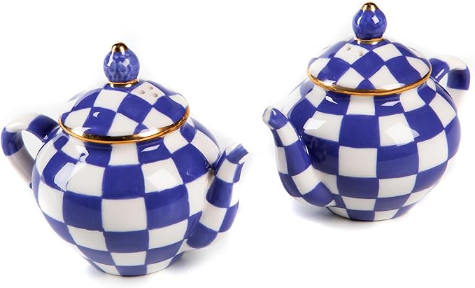 MACKENZIE-CHILDS Teapot Salt and Pepper Shaker Set, Ceramic Salt and Pepper Holders, Blue-and-White Royal Check