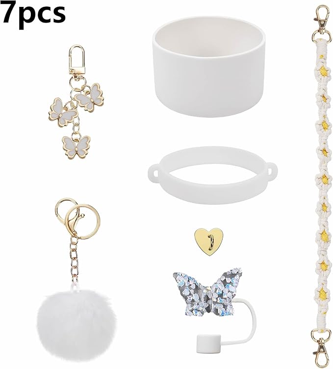 Accessories Set Including Water Bottle Handle Strap, Silicone Boot, Resin Butterfly Straw Cover, Straw Topper, Lip Balm Sleeve, Butterfly & Hairball Charms for Stanley Cup Tumbler