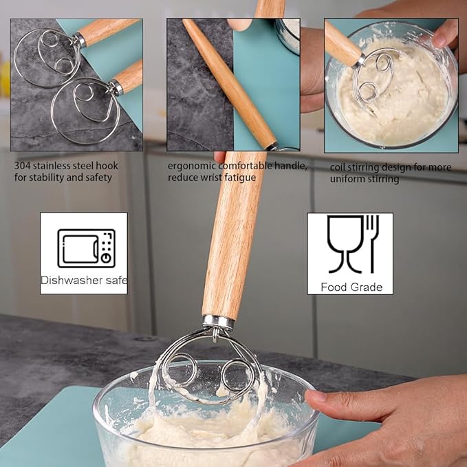 Danish Dough Whisk, 13-Inch Stainless Steel Hook Dutch Hand Mixer with Wooden Handle, Kitchen Tools For Cooking, Sourdough Baking