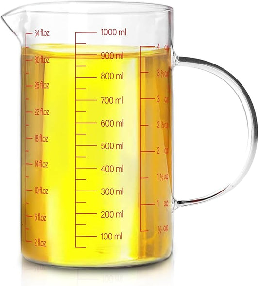 WhiteRhino 4Cup/1000ML Glass Liquid Measuring Cup With Handle,High Borosilicate Glass Three Scales (OZ, Cup, ML/CC) for Kitchen or Restaurant, V-Shaped Spout Glass Measuring Beaker,Easy To Read(34oz)