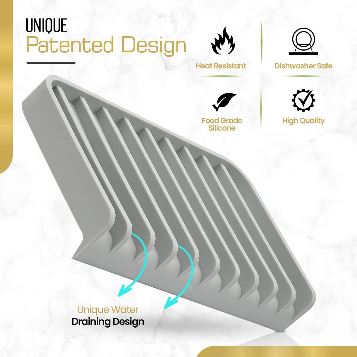Effilogic Silicone Sponge Holder – Self-Draining Sink Organizer- Faucet Mat for Kitchen - Countertop Protector - Large Grey