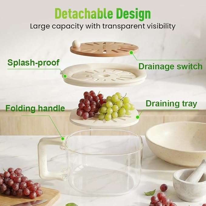 2-in-1 Draining and Preservation Basket,Multifunctional Fruit and Vegetable Washing Bowl with Handle Fruit Strainer Container and Lid for Kitchen Fridge Outdoor Picnic Camping (Pink)