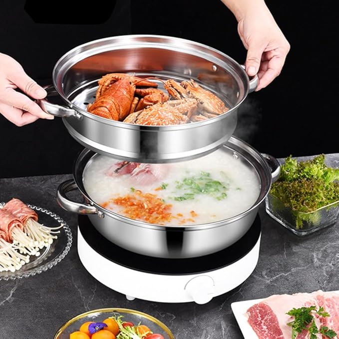 Steamer Pot for Cooking 11 inch Steamer Pot, 2-tier Multipurpose 18/8 Stainless Steel Steam Pot Cookware with Lid for Vegetable, Dumpling, Stock, Sauce, Food