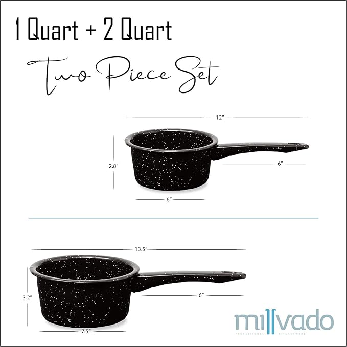 Millvado 2 Pack Granite Saucepans: Naturally Nonstick Sauce Pots - Speckled Enamel Ware Cookware – 1 and 2 Quart Sauce Pans for Cooking and Boiling - Granite Pot for Stovetop, Campfire, Outdoor Stove