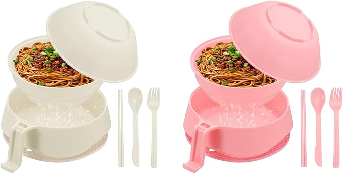 uxcell 2 Sets Microwave Ramen Bowl Set, Wheat Fiber Noodle Bowls Plastic Cooker with Lid Handle Fork Spoon Chopsticks for College Dorm Room Apartment, (Beige/Pink)