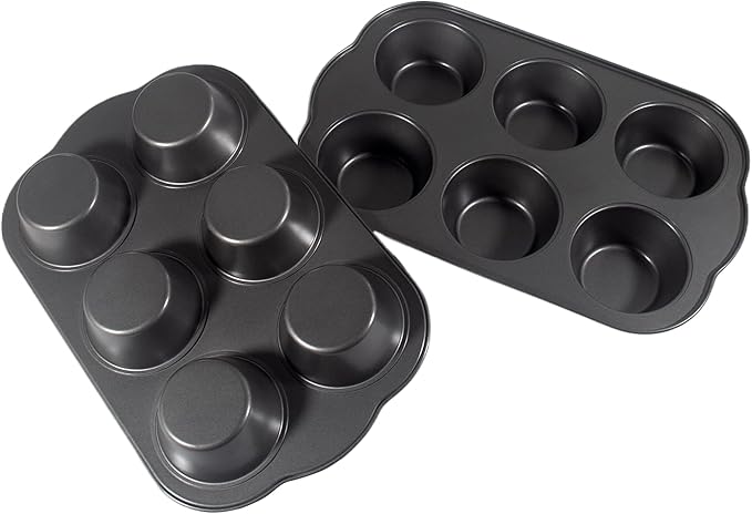Bakexcel Non-Stick Jumbo Muffin Pans, 3.5" 6-Cup Set of 2 Baking Pans, Heavy Duty Carbon Steel Tins for Extra-large Muffins & Cupcakes