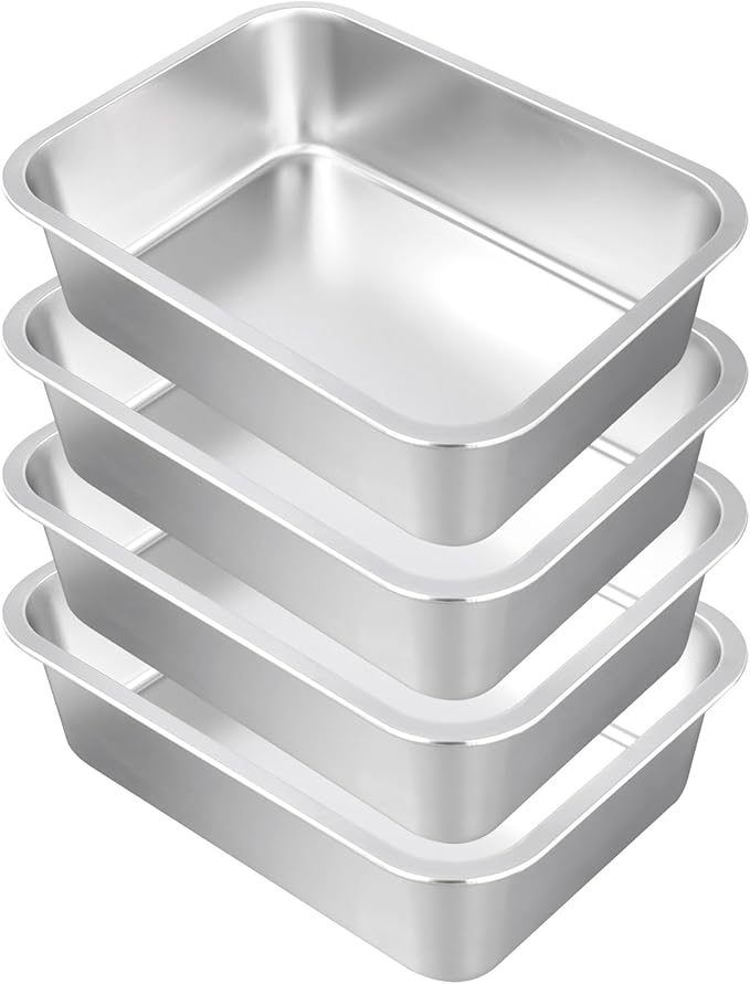 SINJEUN 4 Pack 14.1 x 10.6 x 3.9 Inches Large Rectangular Baking Pans, Stainless Steel Deep Baking Pan for Baking Breads, Grilling Chicken, Vegetables