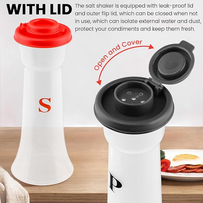 Salt and Pepper Shaker Set, Plastic Salt and Pepper Shaker Set with Lids,Airtight Spice Jar Dispenser for Restaurant Cleaning Brush Camping Home Kitchen Picnic (COLOR:Black+Red)