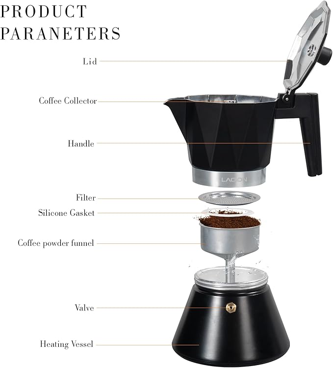 LAOION Moka Pot, 6-Cup Espresso Maker, 300ml Portable Stovetop Espresso Maker, Percolator Coffee Pot Compatible with Induction Cooktops, Suitable for Home and Camping (Black)