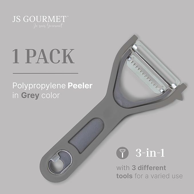 3 in 1 Vegetable Peeler – Julienne Slicer with Bottle Opener and Built-in Eye Remover – Stainless Steel Blade with Comfortable Handle – Potato, Cabbage, and Carrot Peeler for Kitchen – Grey