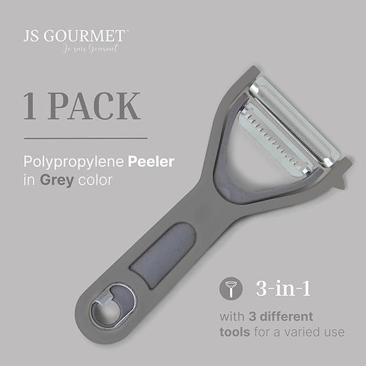 3 in 1 Vegetable Peeler – Julienne Slicer with Bottle Opener and Built-in Eye Remover – Stainless Steel Blade with Comfortable Handle – Potato, Cabbage, and Carrot Peeler for Kitchen – Grey