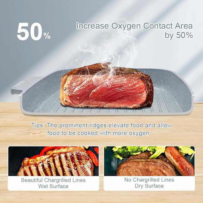 RANX INGST Nonstick Ceramic Griddle Pan with Lid, 10 Inch Steak Pan with Detachable Handle Induction Compatible, PFOA Free - Blue