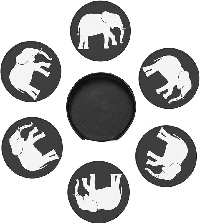 Black and White Elephant Leather Drink Coasters Set of 6 with Holder Round Cup Coaster for Table Decor