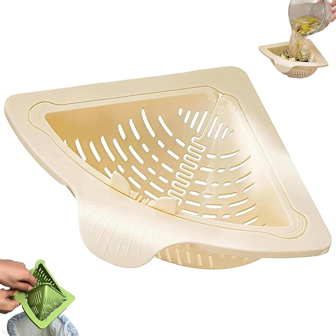 Magnetic Drainage & Filter Basket 2.0 Design, Corner Sink Strainer with Twist-Open Bottom, Triangular Drain Basket for Food Scraps & Rinsing Produce, Fits Metal Sinks(White)