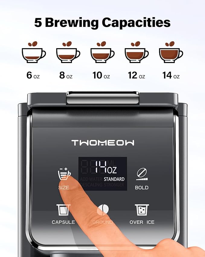 TWOMEOW K Cup Coffee Maker With Bold Setting, Single Serve Hot & Iced Coffee Maker for K-Cup and Grounds, 52oz Removable Reservoir, 6 to14oz Brew Sizes, Pod Coffee Machine With Reusable Filter, Gray