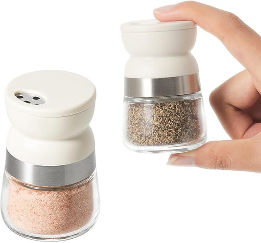 Vucchini Mini Salt and Pepper Shaker 2pcs 1.28 Oz Small Travel Spice Shaker with Adjustable Pour Holes Portable Pepper Dispenser for Table, Camping, Travel Beige Color