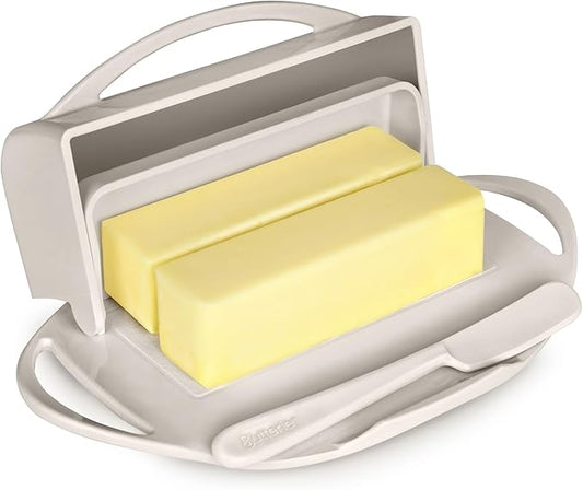 Butterie Flip-Top Butter Dish with Lid & Matching Knife, Holds 2 Sticks/European Butter, No-Mess Butter Holder, Shatterproof, Dishwasher Safe, Ivory