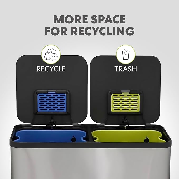 Simpli-Magic 80 Liter / 21 Gallon Rectangular Hands-Free Dual Compartment Recycling Kitchen Step Trash Can with Soft-Close Single Lid, Stainless Steel (40L x 40 L Capacity) Stainless Steel Finish