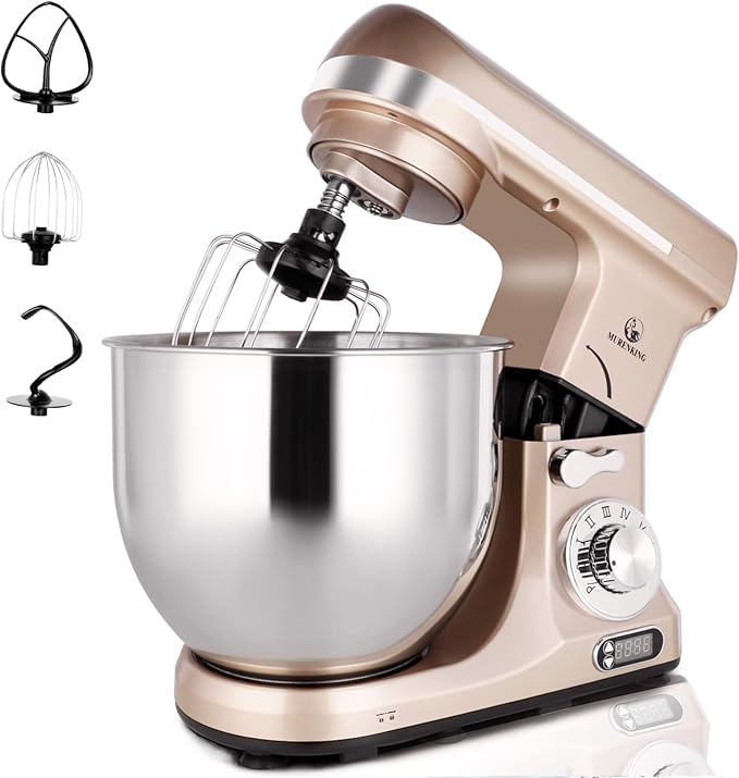 MURENKING Professional Stand Mixer, 6-Qt with Timer, MK37 500W 6-Speed Tilt-Head Food Electric Mixer Kitchen Machine,Plastic (Champagne)