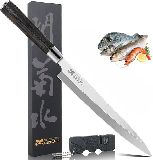 KANKIKUSUI Sashimi Knife, 9.3" Sushi Knife Set with Sharpener/Gift Box, HC70cr17mov Yanagiba Knife