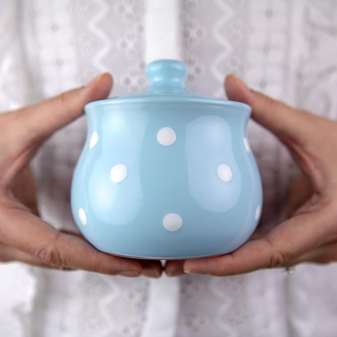City to Cottage Ceramic Sugar Bowl with Lid, 10oz Contanier for Coffee Bar, Sugar Dispenser Bowl, Salt - Condiment Pot for Kitchen Counter, Handcrafted Sky, Baby Blue Polka Dot Sugar Jar