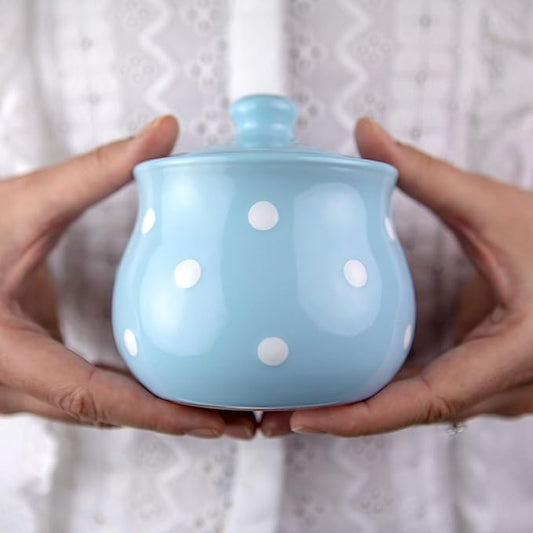 City to Cottage Ceramic Sugar Bowl with Lid, 10oz Contanier for Coffee Bar, Sugar Dispenser Bowl, Salt - Condiment Pot for Kitchen Counter, Handcrafted Sky, Baby Blue Polka Dot Sugar Jar