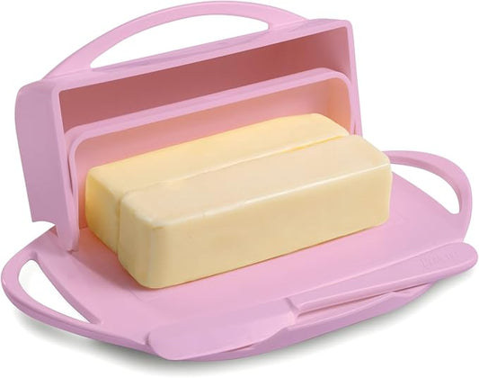 Butterie Flip-Top Butter Dish with Lid & Matching Knife, Holds 2 Sticks/European Butter, No-Mess Butter Holder, Shatterproof, Dishwasher Safe, Pink