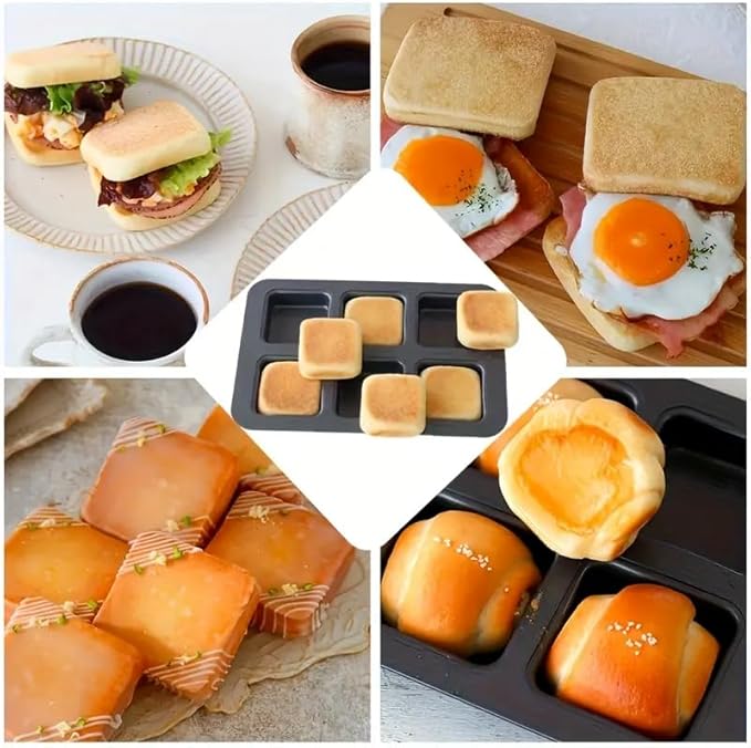 Elesinsoz 6 Cup Square English Muffin Pan with Lid Straight Side Hamburger Burger Bun Egg Sandwich Frittata Cinnamon Roll Focaccia Quiche Pancake Nonstick Baking Tin Tray Mold