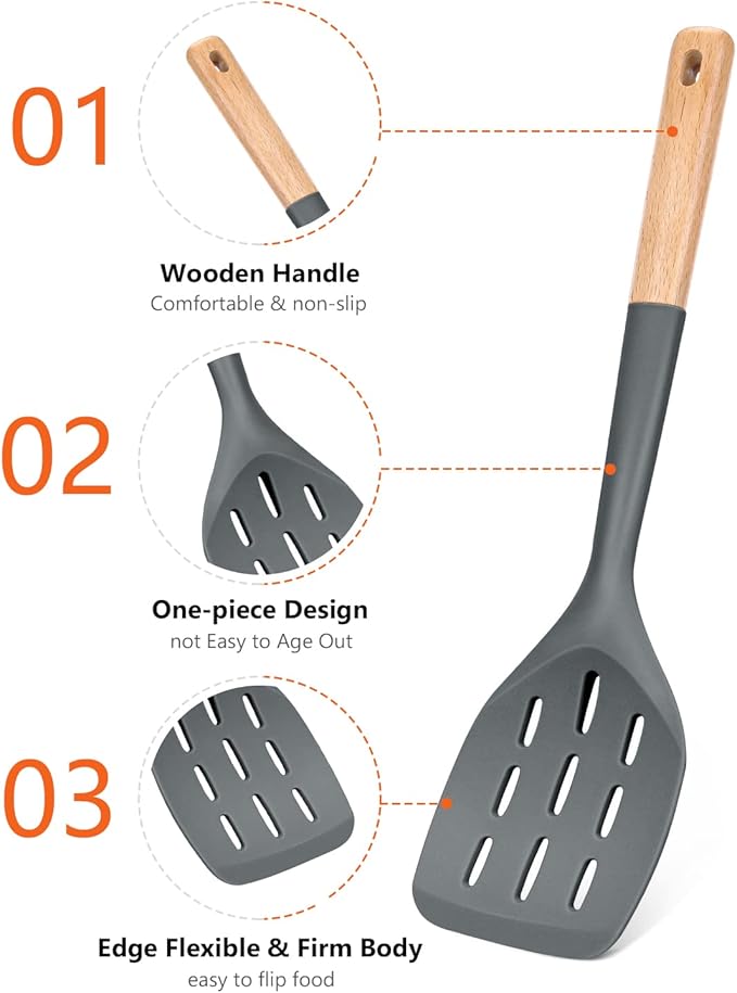 Pack of 3 Silicone Spatula, Non Stick Cooking Utensil Set, Wooden Handle Kitchen Turner for Baking Mixing Grilling Serving Food Heat Resistant, Grey