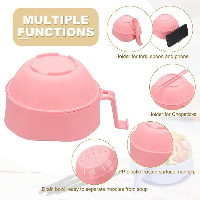uxcell 2 Sets Microwave Ramen Bowl Set, Wheat Fiber Noodle Bowls Plastic Cooker with Lid Handle Fork Spoon Chopsticks for College Dorm Room Apartment, (Pink/Green)