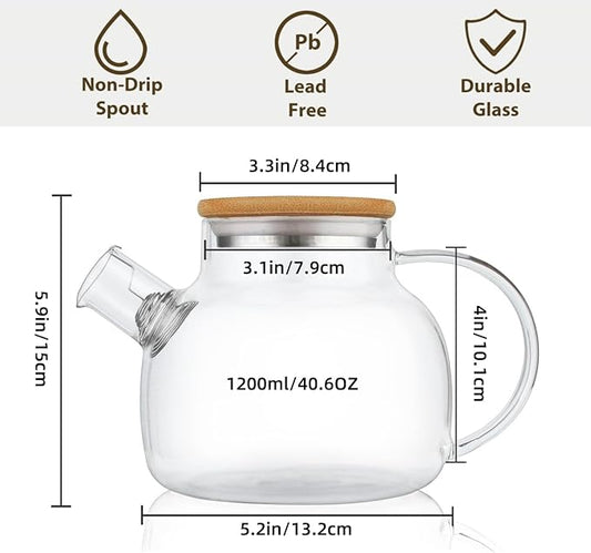 CnGlass Glass Teapot Stovetop Safe,40.6oz Clear Tea pot with Removable Filter Spout,Loose Leaf and Blooming Tea Maker