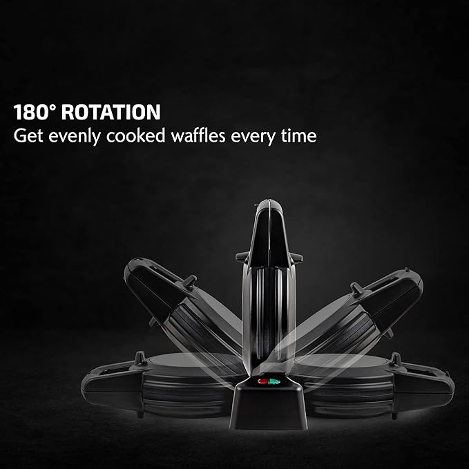 OVENTE Belgian Waffle Maker with Non-Stick Plates, 180° Rotating Function and Cool Touch Handle for Easy Single Flip, Perfect for Cooking 7” Classic Waffles for Breakfast or Snacks, Black WMF1440BR