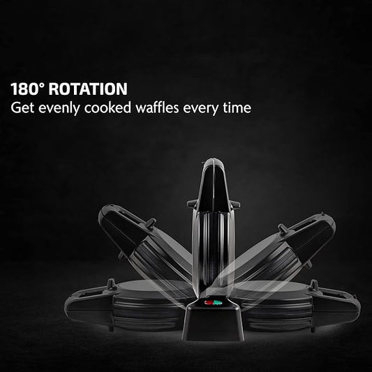 OVENTE Belgian Waffle Maker with Non-Stick Plates, 180° Rotating Function and Cool Touch Handle for Easy Single Flip, Perfect for Cooking 7” Classic Waffles for Breakfast or Snacks, Black WMF1440BR