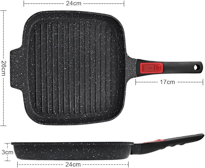 RANX INGST Griddle Pan with Detachable Handle, 10 Inch Cast Aluminium Non Stick Steak Pan for Induction Hob, Black
