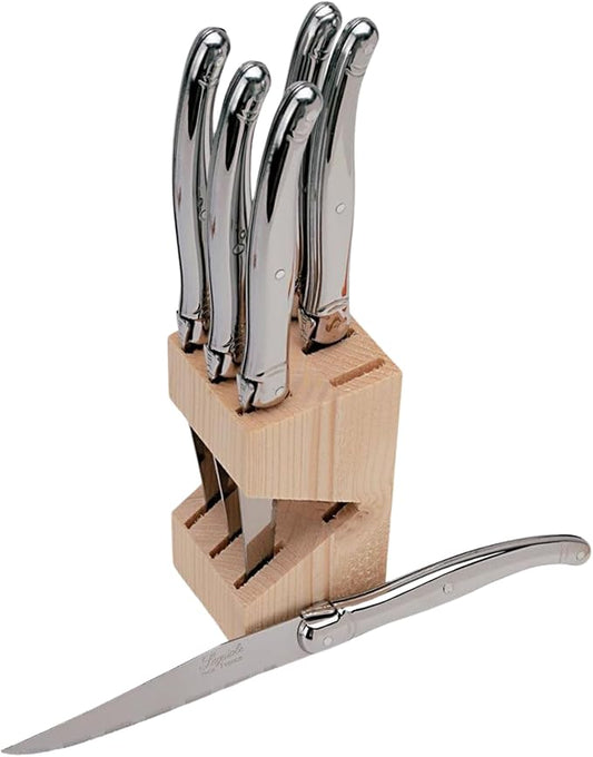 Jean Dubost JD16572 6 Steak Knives In a Wooden Block, Stainless Steel