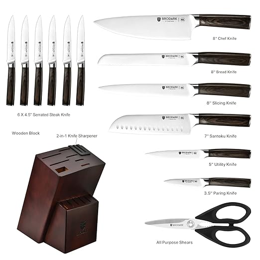 Knife Block Set: Ultra Sharp Kitchen Knife Set with Block and Sharpener, 15 Piecs Full Tang German Stainless Steel Professional Knife Set with Ergonomic Handle, Christmas Gift