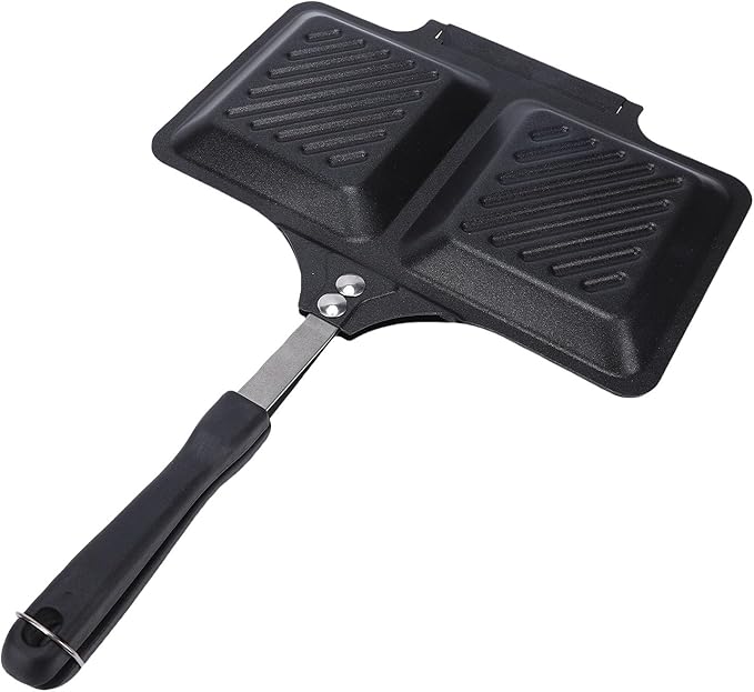 Grilled Sandwich Maker,Stove top Panini Press Pan with Non Stick Plates, Double Sided Hot Toasted Sandwich Maker Breakfast Frying Pan for Outdoors Camp Home Kitchen (Black)