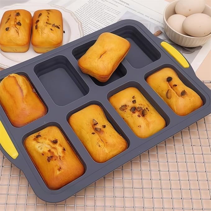 Stainless Steel Frame Silicone Loaf Pan with 8 Cavities, Non-Stick Baking Tray for Bread, Brownies, Muffins and Cheesecake