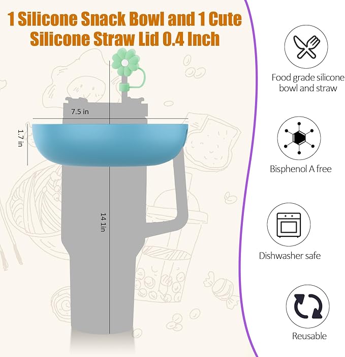 Snack Bowl for Stanley Cup 30 oz with Handle-Perfectly Compatible with Stanley Quencher H2.0 Tumbler 30 oz with Handle, Reusable Silicone Snack Tray, Stanley cup accessories (Blue Snack Bowl)