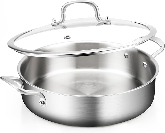 Yeksum 6QT Saute Pan with Lids, 3-Ply Stainless Steel Large Fry Pan, 12inch Induction Skillet with Lids, Healthy 18/10 inner Cooking Pan, Silver, Oven & Dishwasher Safe