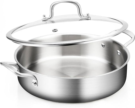Yeksum 5QT Saute Pan with Lid, 3-Ply Frying pan with Lid large skillet with lid, 12inch Deep Fry Pan, Healthy 18/10 Frying Pan Stainless Steel, Oven & Dishwasher Safe