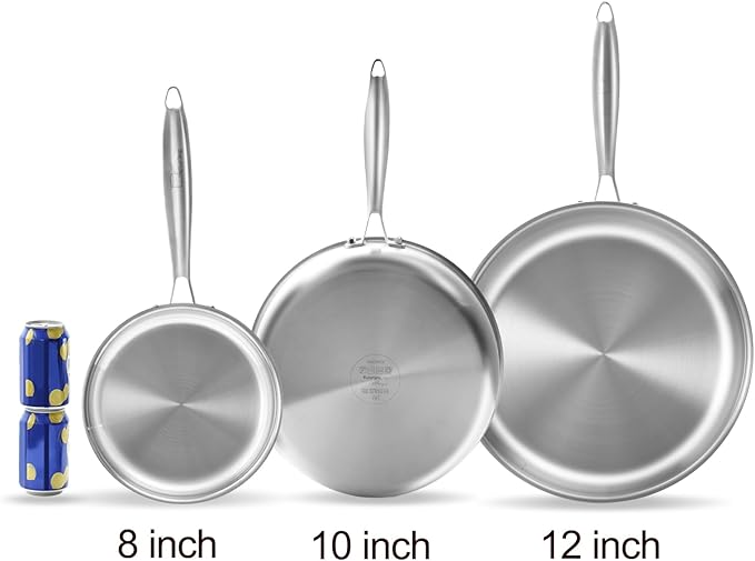 Tri-ply Stainless Steel Frying Pan Set 8" 10" 12" Large Skillet for Chef's Cookware Set, Induction Oven Dishwasher Safe, Compatible with All Cooktops with Kitchen Tongs(Detachable Handle)