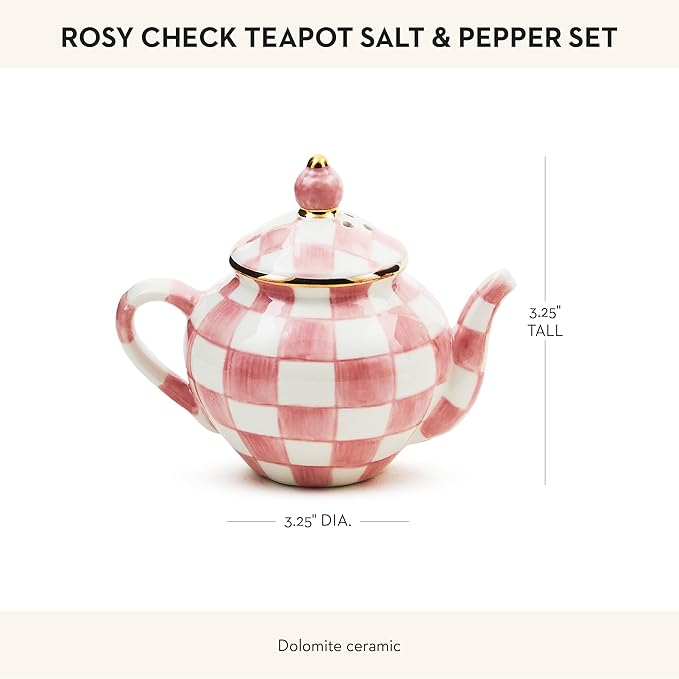 MACKENZIE-CHILDS Teapot Salt and Pepper Shaker Set, Ceramic Salt and Pepper Holders, Pink-and-White Rosy Check