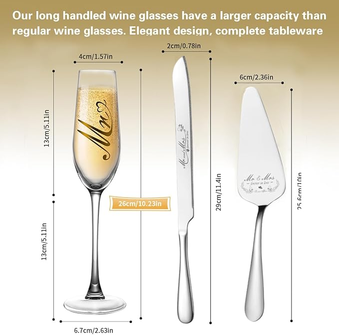 Mr and Mrs Champagne Flutes, Wedding Cake Knife and Server Set, Bride and Groom Champagne Glasses, Cake Cutting Set for Wedding, Bridal Shower Gifts, Engagement Gifts for Couples (Silver, Set of 4)