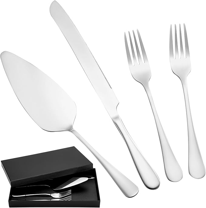Suream Cake Cutting Set for Wedding, 11 Inch Silver Stainless Steel Pie Spatula, Pie Cutter and Server for Party, Birthday, Kitchen, Anniversary, Christmas(4PCS）