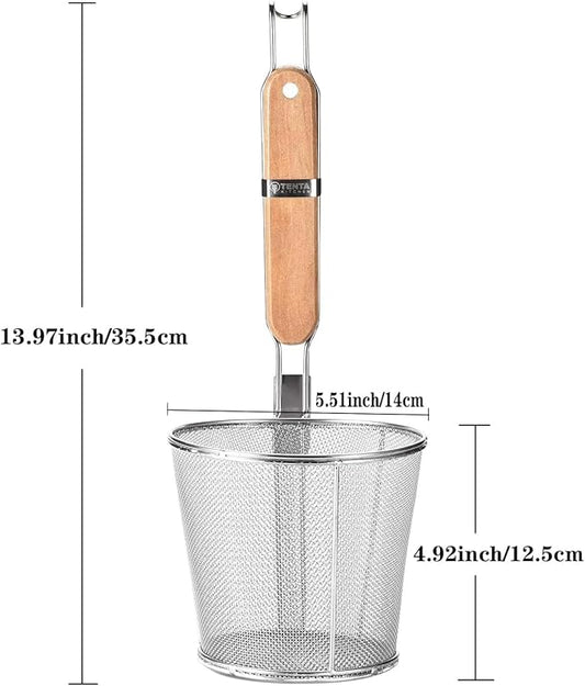 2 Pieces Pasta Strainer Basket Stainless Steel Fine mesh Pasta Strainer Basket with Wooden Handle Good For Boiling Food Spaghetti Dumpling (Dia 5.5inch/14cm)