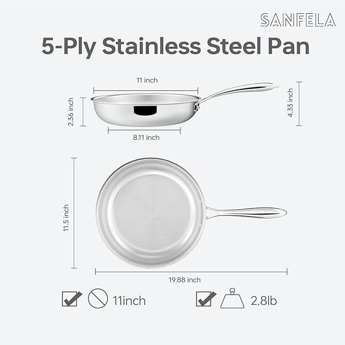 5-Ply 9.5 Inch and 11 Inch Stainless Steel Frying Pans, Dishwasher and Oven Safe, Induction Pan, Even Heat Distribution