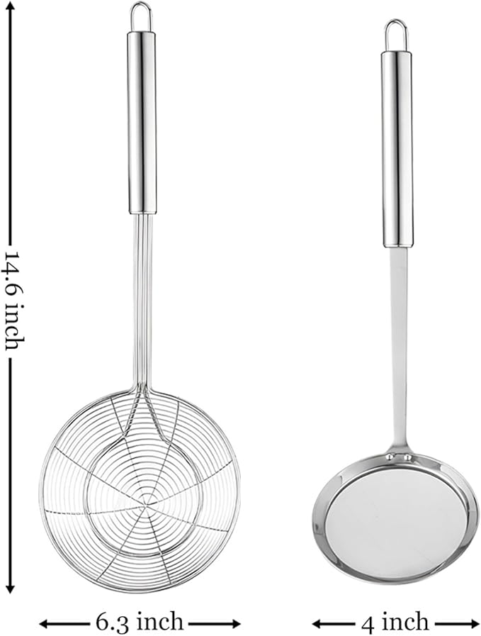 Stainless Steel Spider Strainer, 6.3" Asian Wire Skimmer Ladle for Cooking Frying Food Pasta Spaghetti Noodle Hot Pot, Stay Cool Handle with Hook for Easy Storage, Food Recipe Ebook Included