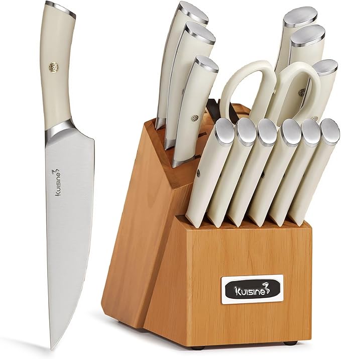 KUISINE Upgraded Sharp Chef Knife Set,High Carbon Stainless Steel Ergonomic Rivet Handle,Knife Block Set with Built-in Sharpener(Acacia Ivory Pro,15PCS)