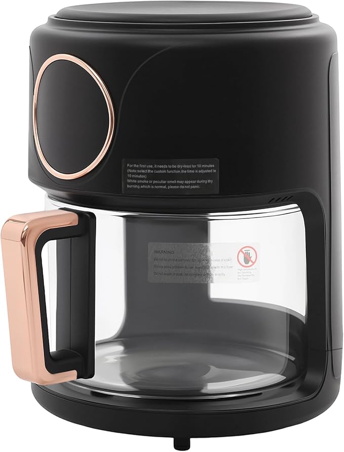 PERFERATE Glass Air Fryer 4.44Qt Capacity Glass Airfryer with 360° Transparent Viewable Fry Bowl, Precise Temperature(175°F - 400°F) & Time(60 Min) Control, 1200W Oil-Less Cooking (Black)